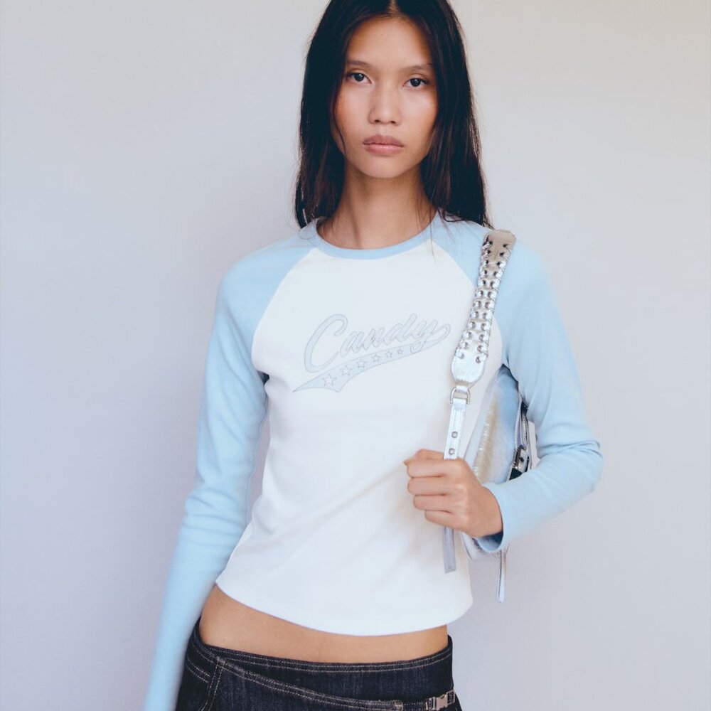 Cute Cropped Long-sleeved Raglan Cotton Baseball T-shirt w/message Candy